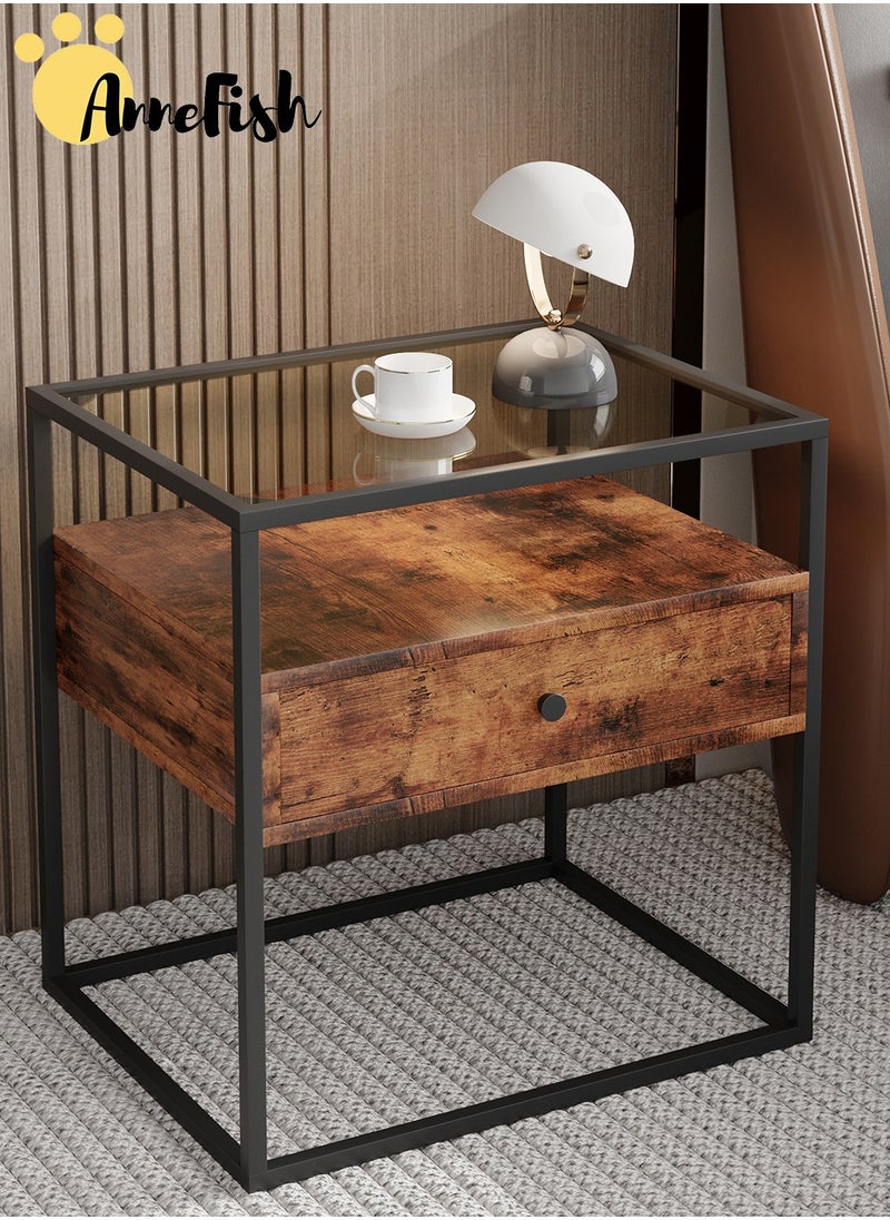 AnneFish 50*40*50cm Nightstand Side Table Tempered Glass Top Sofa Coffee End Storage Cabinet with Metal Frame Storage Shelf and 1 Drawer for Living Room and Bedroom  - Image 1