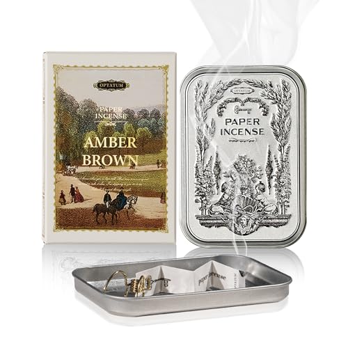 OPTATUM Paper Incense - 48pcs with Vintage Tin Case, Burning Papers Infused with Natural Essential Oils, Quick Usage & Long-Lasting Fragrance, Eliminating Bathroom, Kitchen, Pet Odors - Amber Brown - Image 1