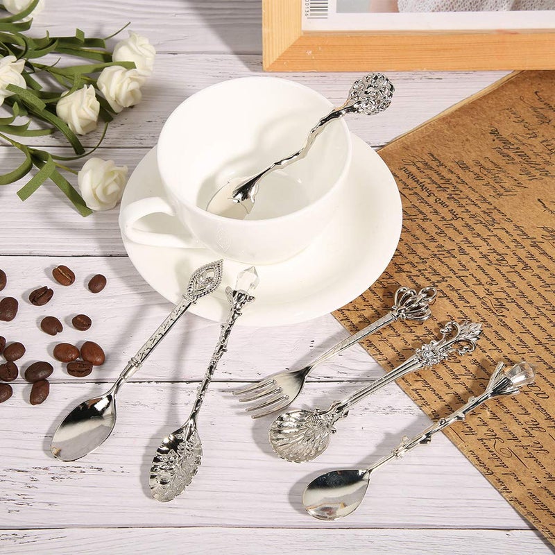 Fdit 6Pcs/Set Vintage Carved Coffee Spoon Teaspoon Retro Zinc Alloy Dessert Coffee Tableware Spoons Cutlery Kitchen(Silver) - Image 5