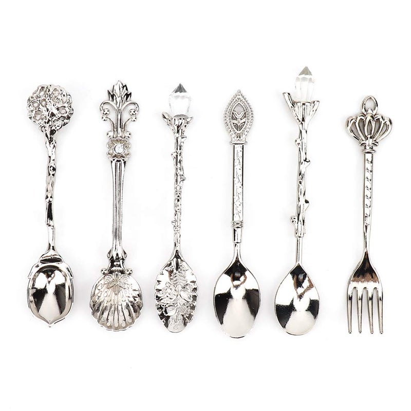 Fdit 6Pcs/Set Vintage Carved Coffee Spoon Teaspoon Retro Zinc Alloy Dessert Coffee Tableware Spoons Cutlery Kitchen(Silver) - Image 1