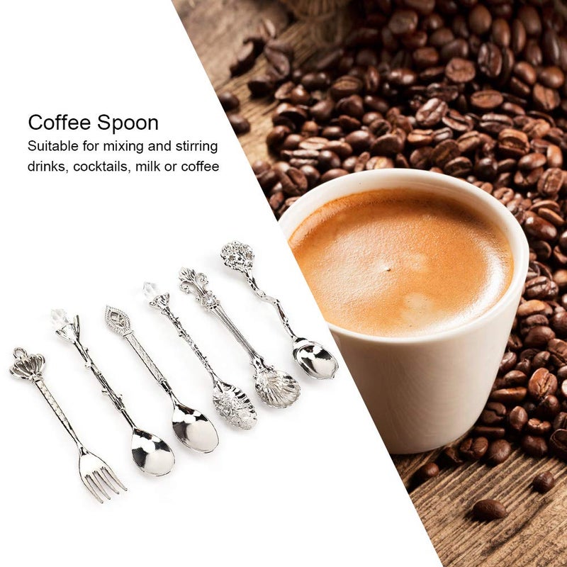 Fdit 6Pcs/Set Vintage Carved Coffee Spoon Teaspoon Retro Zinc Alloy Dessert Coffee Tableware Spoons Cutlery Kitchen(Silver) - Image 4
