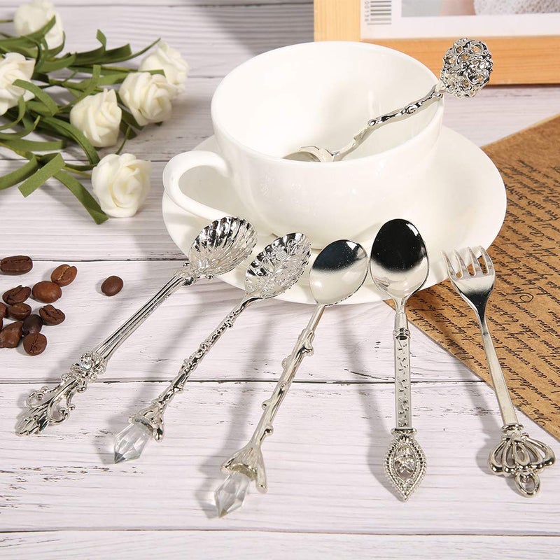 Fdit 6Pcs/Set Vintage Carved Coffee Spoon Teaspoon Retro Zinc Alloy Dessert Coffee Tableware Spoons Cutlery Kitchen(Silver) - Image 3