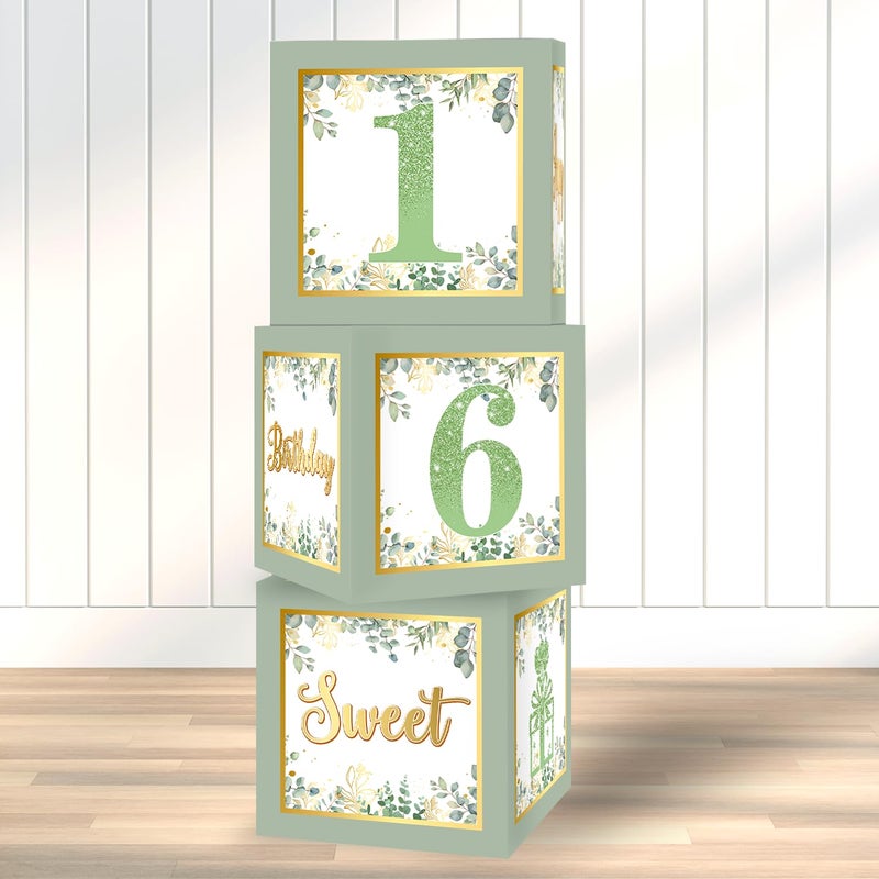 Racenaf Sweet 16 Party Decorations Boxes - 3Pcs Sage Green and Gold 16th Birthday Decorations Balloons Boxes for Girls Women Sweet Sixteen Party Cardboard Box Decor, 16th Birthday Party Supplies - Image 1