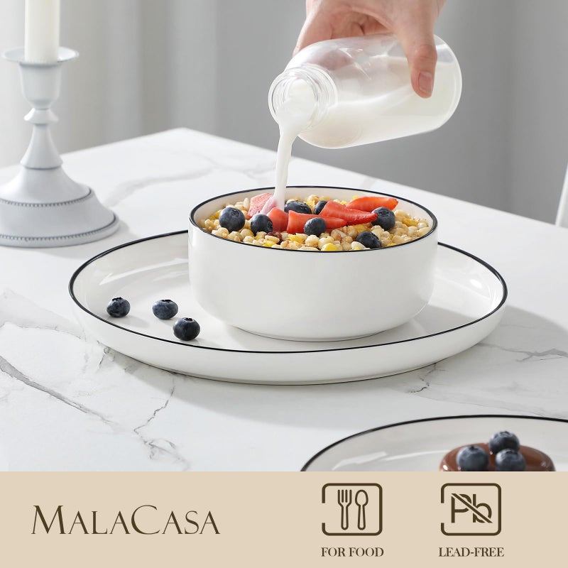 MALACASA Plates and Bowls Sets, 12 Pieces Modern Porcelain Dinnerware Set for 4 White Kitchen Dinner Dining Ware Set wtih Black Rim Ceramic Dishware Dishes Microwave and Dishwasher Safe, Series LUNA - Image 3