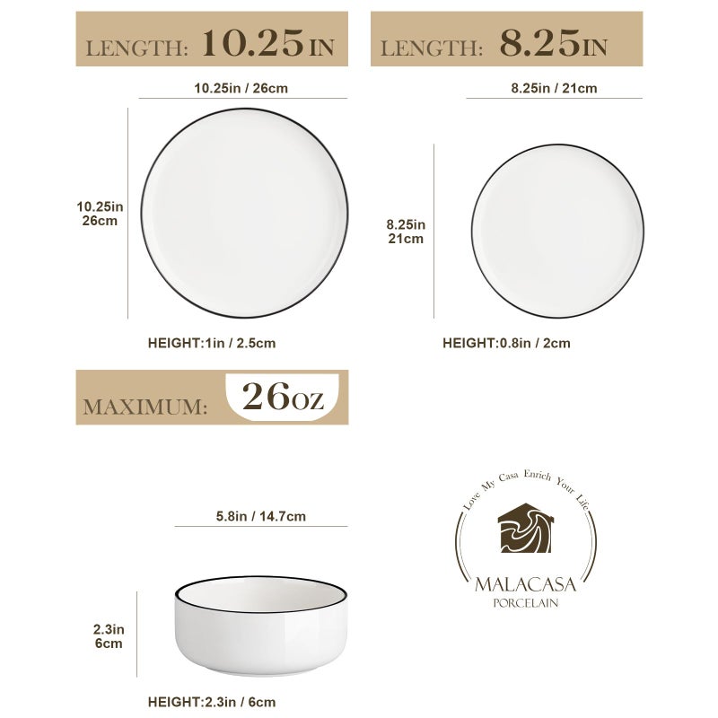 MALACASA Plates and Bowls Sets, 12 Pieces Modern Porcelain Dinnerware Set for 4 White Kitchen Dinner Dining Ware Set wtih Black Rim Ceramic Dishware Dishes Microwave and Dishwasher Safe, Series LUNA - Image 2