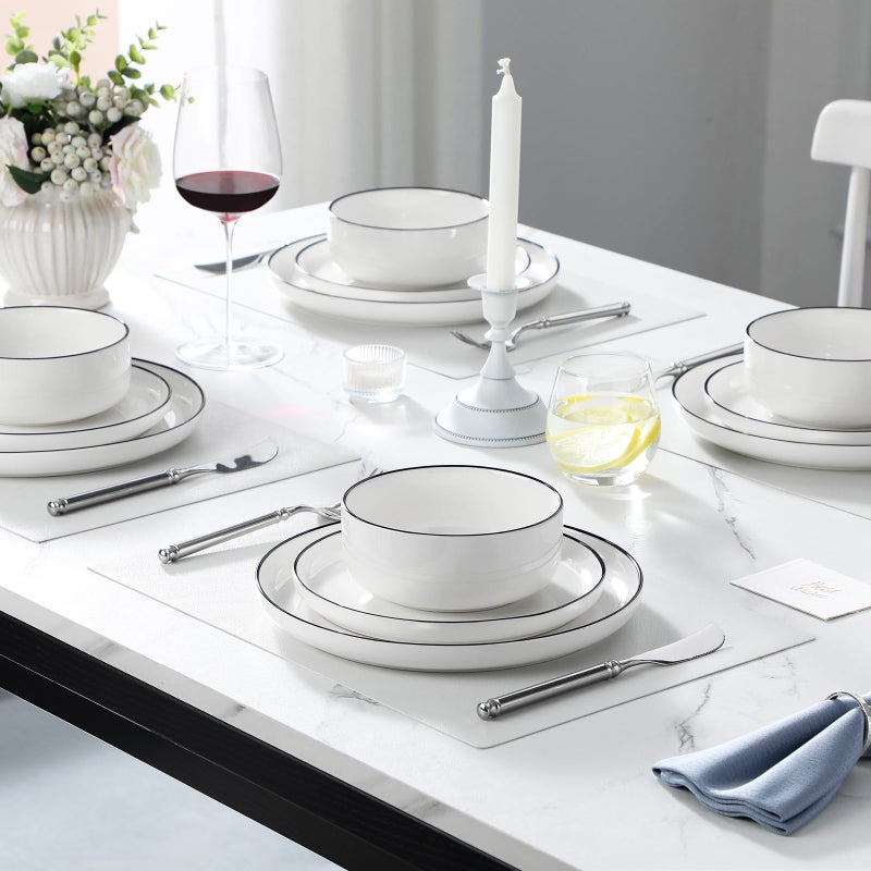 MALACASA Plates and Bowls Sets, 12 Pieces Modern Porcelain Dinnerware Set for 4 White Kitchen Dinner Dining Ware Set wtih Black Rim Ceramic Dishware Dishes Microwave and Dishwasher Safe, Series LUNA - Image 5