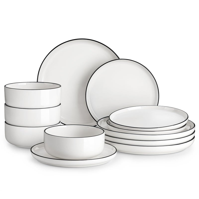 MALACASA Plates and Bowls Sets, 12 Pieces Modern Porcelain Dinnerware Set for 4 White Kitchen Dinner Dining Ware Set wtih Black Rim Ceramic Dishware Dishes Microwave and Dishwasher Safe, Series LUNA - Image 1