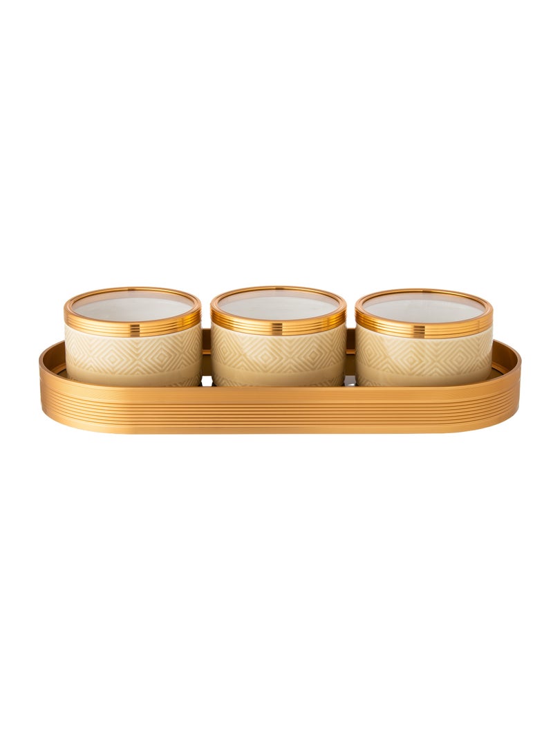 Dania Porcelain nuts serving plate, 3 pieces, with a golden metal tray  - Image 1