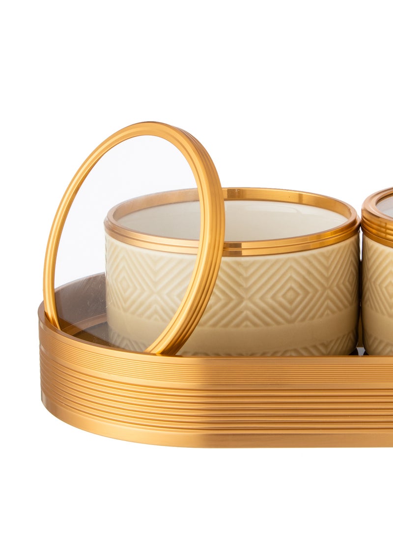 Dania Porcelain nuts serving plate, 3 pieces, with a golden metal tray  - Image 3