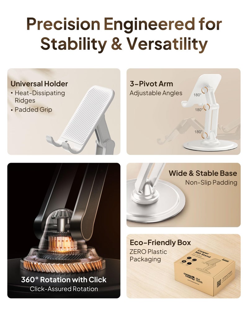 COOPER 360Â° Stand, [Gift Family Pack], Rotating Cell Phone Stand for Desk, Cell Phone Holder for Desk, iPhone Stand Holder, Sturdy Metal Base, Fits Samsung, Android Smartphones, (Cream White, 2-Pack) - Image 2