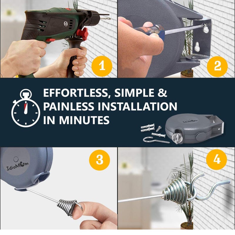 Idiomum Retractable Clothesline Indoor Outdoor Heavy Duty 40 Feet - PVC Clothes Line Retracting - Clothesline with Wall Mount - Retractable Laundry Line for Drying Clothes with 12 ClothesPins - Image 2