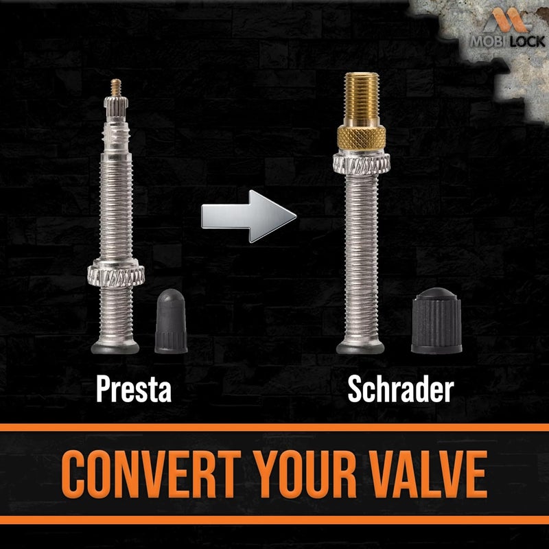 Mobi Lock Brass Presta Valve Adaptor (Pack of 5 + 10 Plugs) - Convert Presta to Schrader for Bikes, E-Bikes, and E-Scooters - Inflate Tyres Using Standard Pump - - Image 2