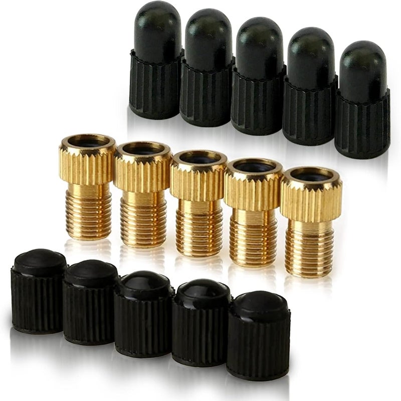 Mobi Lock Brass Presta Valve Adaptor (Pack of 5 + 10 Plugs) - Convert Presta to Schrader for Bikes, E-Bikes, and E-Scooters - Inflate Tyres Using Standard Pump - - Image 1