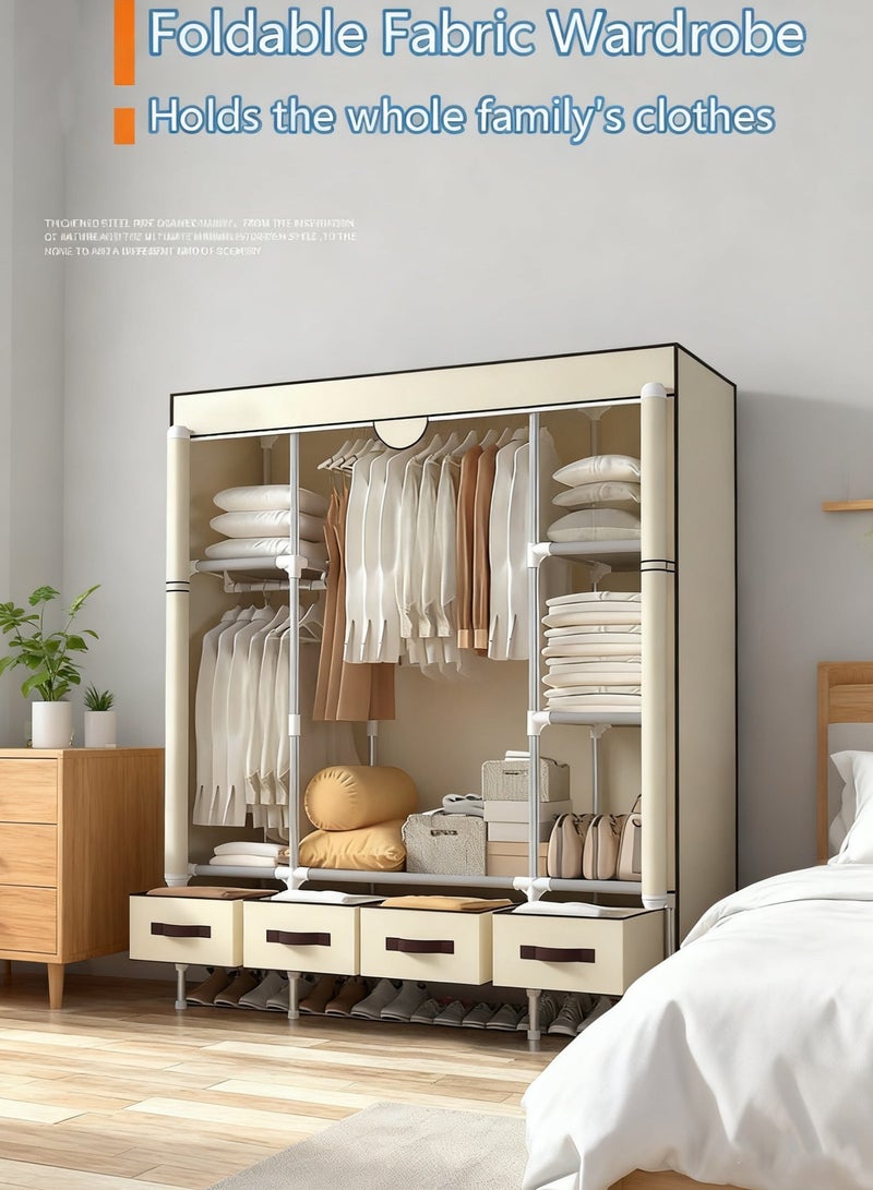 MissTiara Fabric Wardrobe Clothes Storage Closet with Four Drawer Zipper Foldable Non-Woven Cover Hanging Rod Freestanding Canvas Garment Organizer Rack for Bedroom Home - Image 3