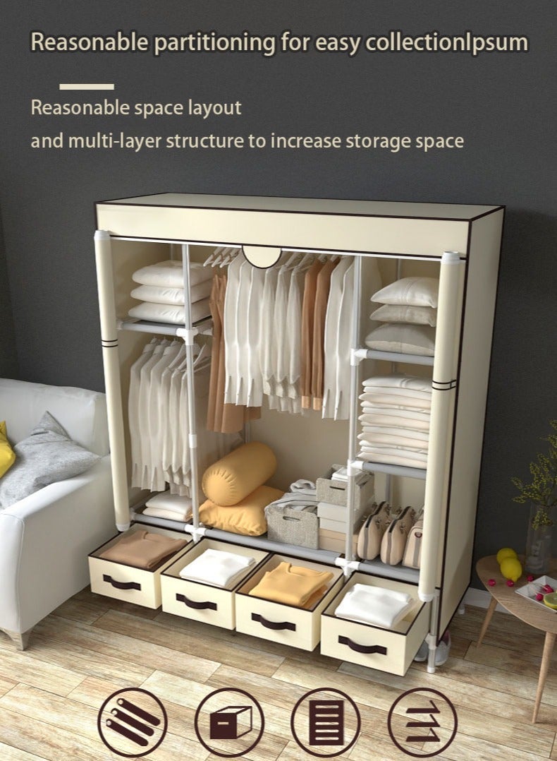 MissTiara Fabric Wardrobe Clothes Storage Closet with Four Drawer Zipper Foldable Non-Woven Cover Hanging Rod Freestanding Canvas Garment Organizer Rack for Bedroom Home - Image 5