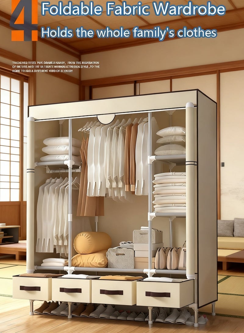 MissTiara Fabric Wardrobe Clothes Storage Closet with Four Drawer Zipper Foldable Non-Woven Cover Hanging Rod Freestanding Canvas Garment Organizer Rack for Bedroom Home - Image 4