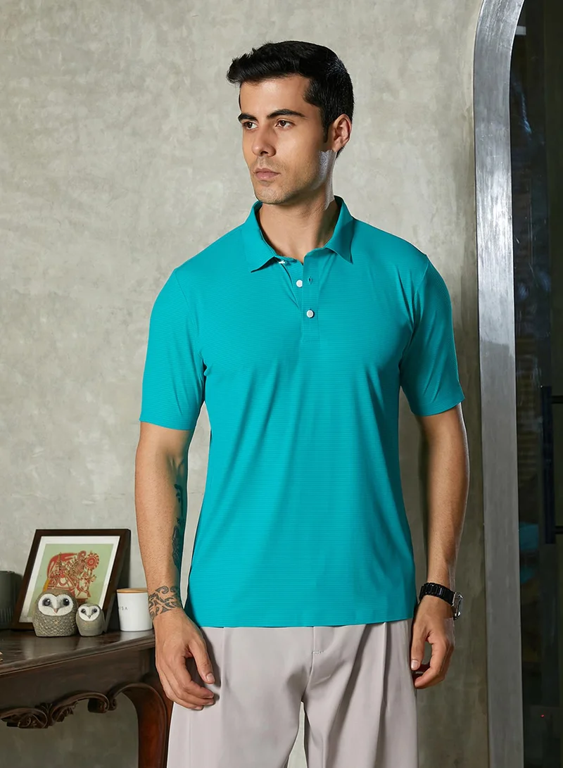 Campus Sutra Campus Sutra Men's Aqua Green Seamless Striped Polo T-Shirt For Casual Wear | Polo Neck | Short Regular Sleeves | Button Closure | T-Shirt Crafted With Comfort Fit For Everyday Wear