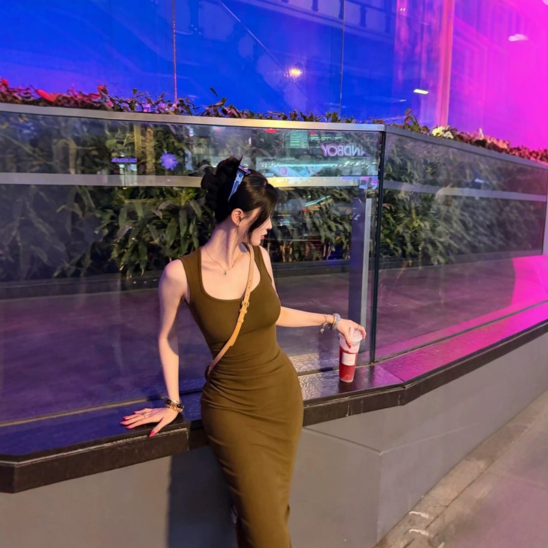 Olive Green Ribbed Knit Bodycon Midi Dress - Image 4