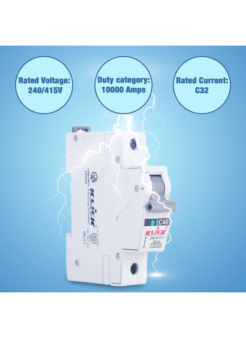 KLICK KLICK Classic C40A302 MCB SP Miniature Circuit Breaker Single Pole Switch Disconnector 40A White Pack Of 4  - Image 4