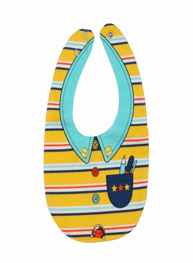 Yellow Bee Cotton Striped and Shirt Pattern Reversible Bib with Double Closure for Boys, Yellow and Blue, 6-18 Months - Image 1