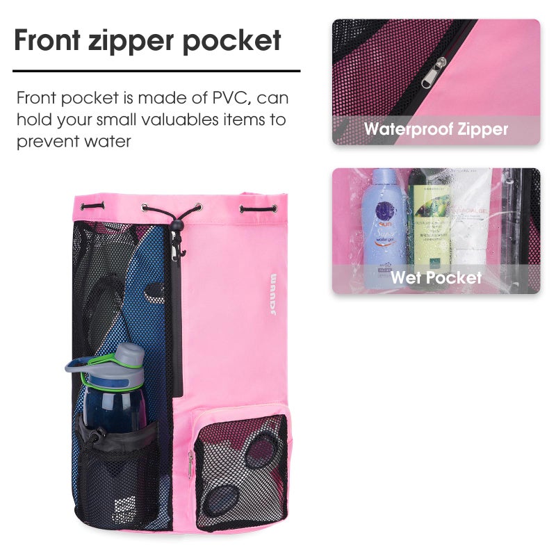 WANDF Swim Bag Mesh Drawstring Backpack with Wet Pocket Beach Backpack for Swimming, Gym, and Workout Gear (Pink) - Image 3