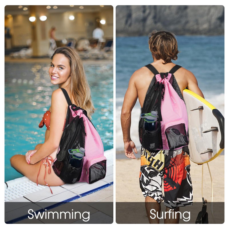 WANDF Swim Bag Mesh Drawstring Backpack with Wet Pocket Beach Backpack for Swimming, Gym, and Workout Gear (Pink) - Image 2