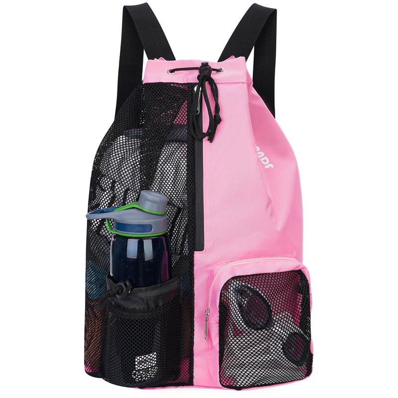WANDF Swim Bag Mesh Drawstring Backpack with Wet Pocket Beach Backpack for Swimming, Gym, and Workout Gear (Pink) - Image 1