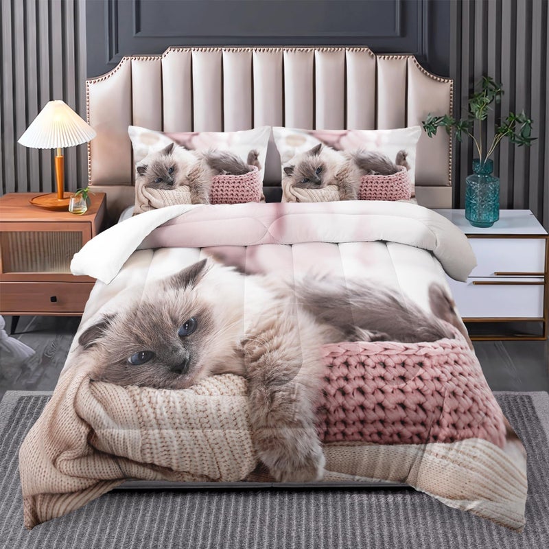 Tuzaovy Queen cat Comforter Set for Girls,Kawaii Queen Size Bedding Set,Cute Queen Comforter Set for Teen Girls,Girl Bedding Set Queen Size,cat Bedding Set Queen,cat Room Decor for Girls - Image 1