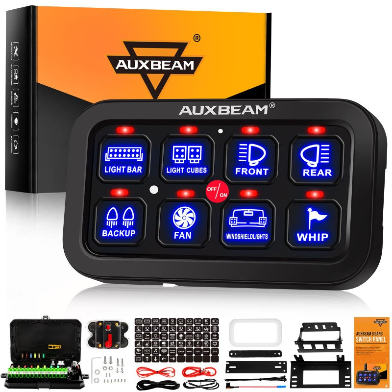 نظام التحكم في الدوائر AUXBEAM 8 Gang Switch Panel BA80 مع صندوق ريلاي عالمي مع مفتاح LED قابل للتعتيم تلقائيًا ومفتاح لمس للسيارات والشاحنات والقوارب وUTV وATV باللون الأزرق مع ضمان لمدة سنتين