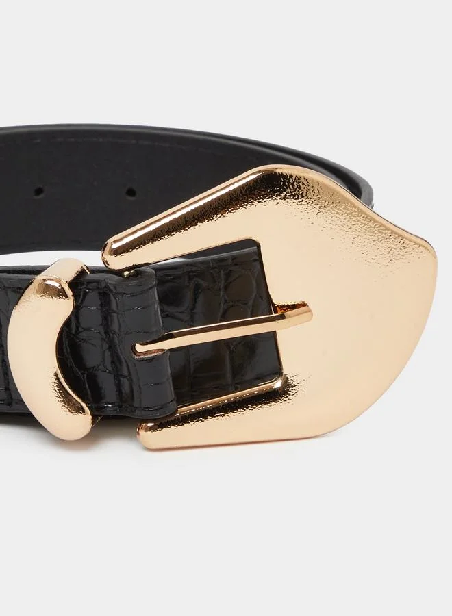 ستايلي Black Textured Belt with Gold-Tone Buckle