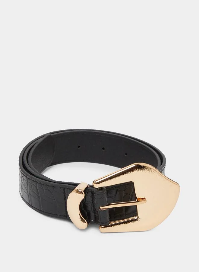 ستايلي Black Textured Belt with Gold-Tone Buckle