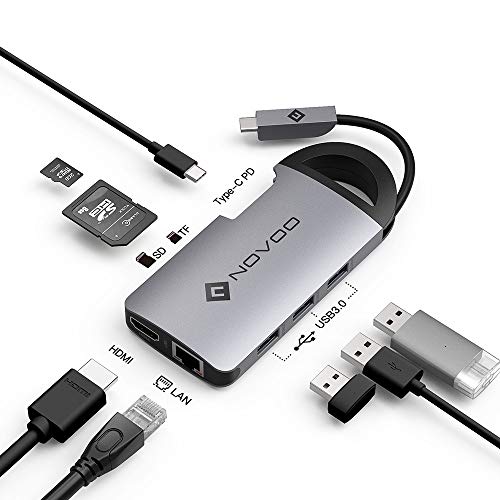 NOVOO 8 in 1 Pocket Friendly 3 USB 3.0 Ports, SD/TF Card Reader, 1000M Ethernet USB C Power Delivery PD 60W HDMI 4K Adapter (Space Grey, NVHUBCXGY8PLX-US) - Image 3
