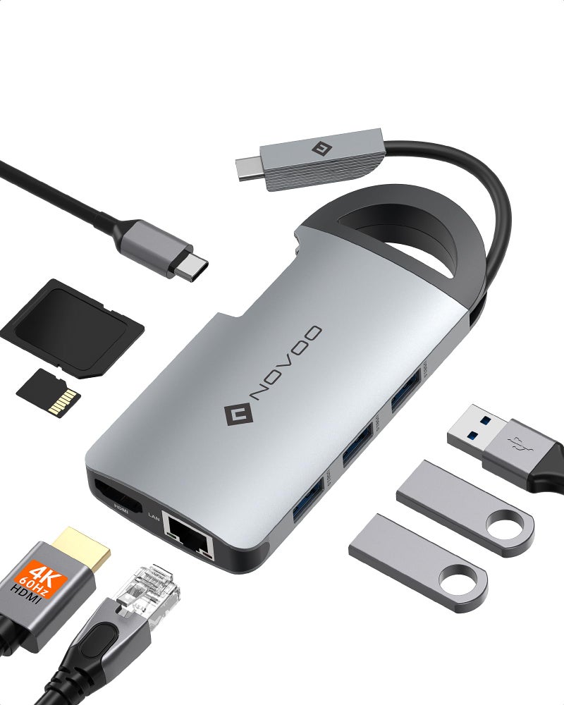 NOVOO 8 in 1 Pocket Friendly 3 USB 3.0 Ports, SD/TF Card Reader, 1000M Ethernet USB C Power Delivery PD 60W HDMI 4K Adapter (Space Grey, NVHUBCXGY8PLX-US) - Image 1