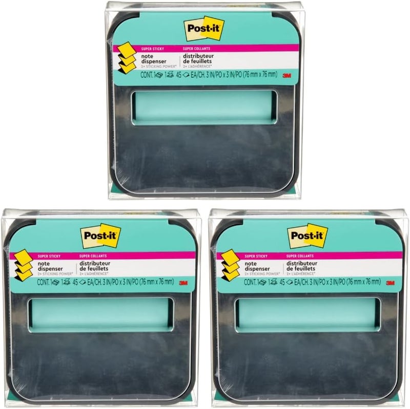 Post It Note Dispenser with Pop-up Notes, Black Base with Steel Top, 1 Aqua Splash 3 in. x 3 in. Super Sticky Note Pad, Classroom or Office Supplies - 3 Pack - Image 1