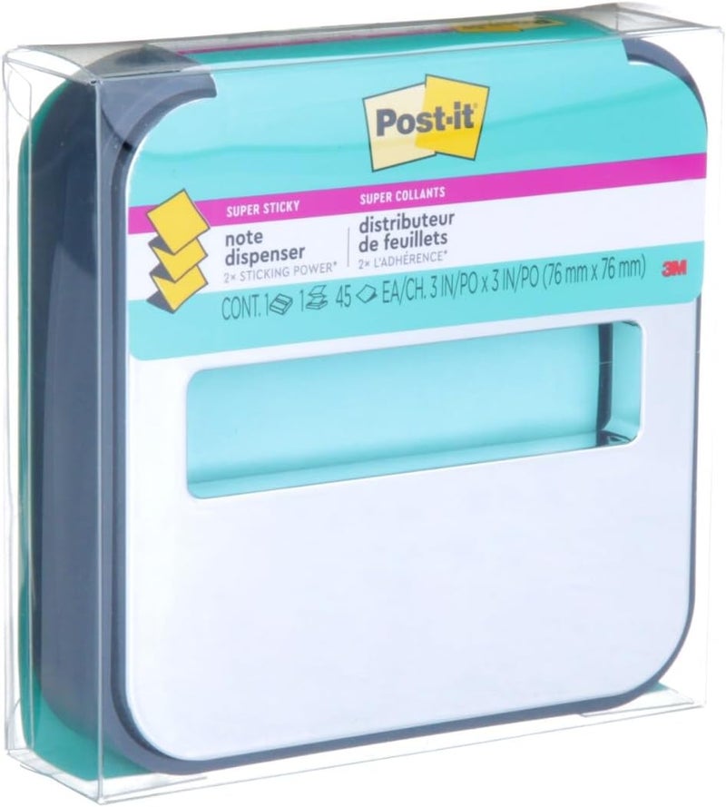 Post It Note Dispenser with Pop-up Notes, Black Base with Steel Top, 1 Aqua Splash 3 in. x 3 in. Super Sticky Note Pad, Classroom or Office Supplies - 3 Pack - Image 4