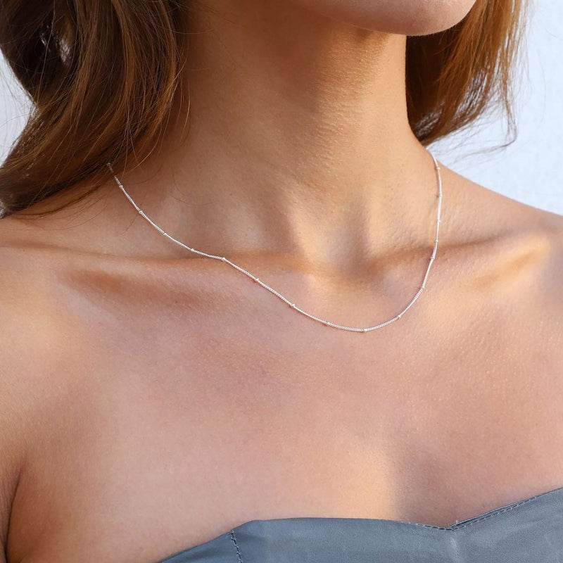MEVECCO Silver Plain Simple Chain Choker Necklace,14K Silver Plated Cute Tiny Bead/Satellite Chain Minimalist Necklace for Women - Image 2