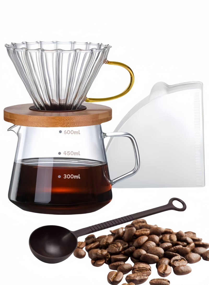 nihao 4 PCS Pour Over Coffee Share Pot With Filter, V60 Coffee Tools , V60 Coffee Maker set with 100 pcs V60 Paper Filter, Borosilicate Glass Coffee Cup, V60 600ml Drip - Image 1
