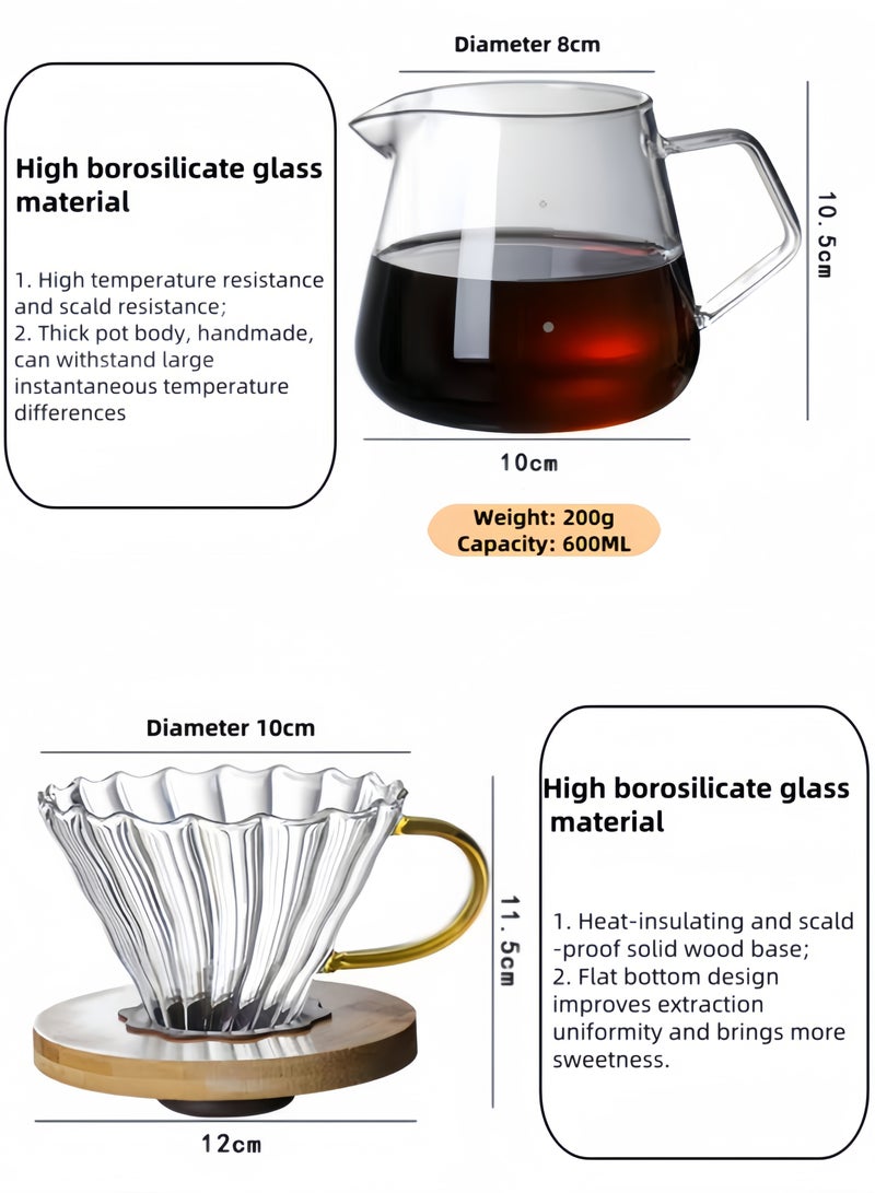 nihao 4 PCS Pour Over Coffee Share Pot With Filter, V60 Coffee Tools , V60 Coffee Maker set with 100 pcs V60 Paper Filter, Borosilicate Glass Coffee Cup, V60 600ml Drip - Image 3