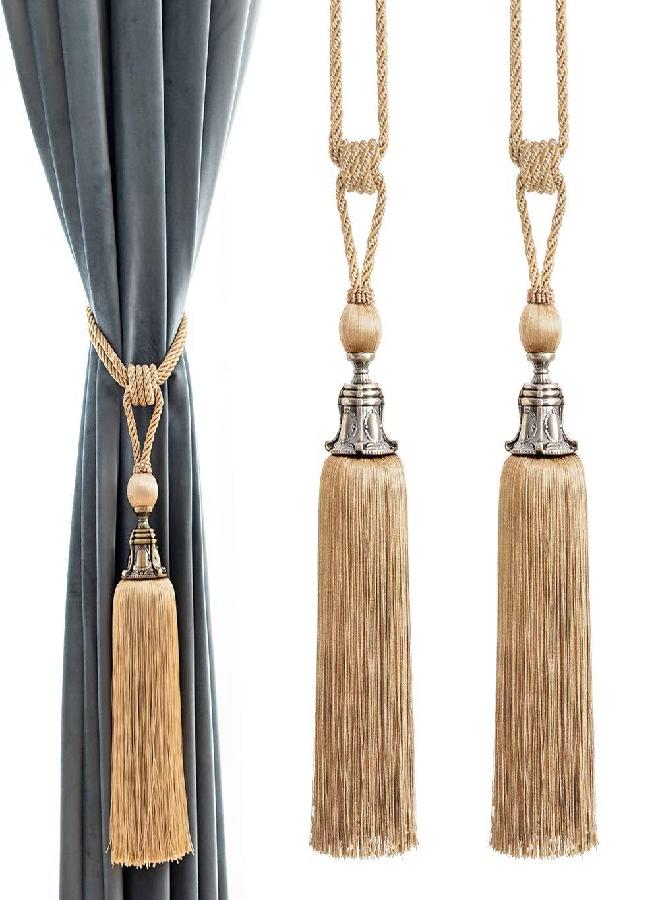 Melodieux Decorative Curtain Tiebacks Antique Tassels Holdbacks - Home Office Windows Drapery Fasteners Fringe Ropes, Set of 2 (Beige) - Image 1
