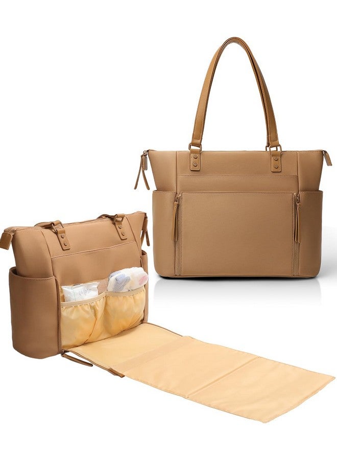 MOMINSIDE حقيبة حفاضات مومينسايد من النيوبرين، حقيبة ظهر لحفاضات مع محطة تغيير، حقيبة سفر كبيرة بسعة 14 جيب للأم، حقيبة حفاضات قابلة للتحويل، بني - Image 1