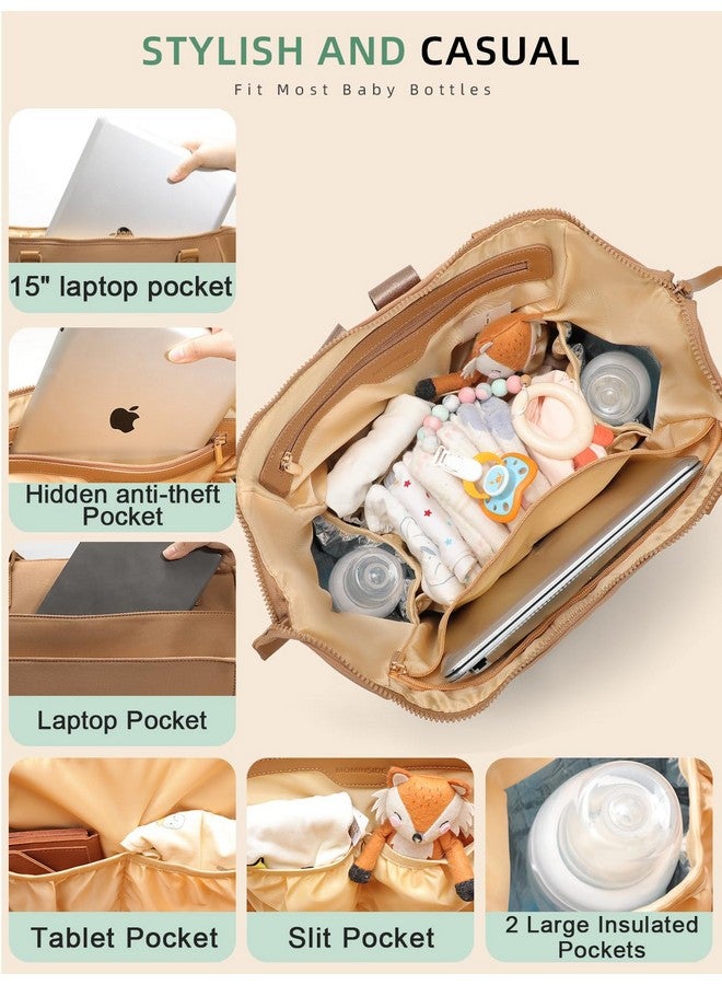 MOMINSIDE حقيبة حفاضات مومينسايد من النيوبرين، حقيبة ظهر لحفاضات مع محطة تغيير، حقيبة سفر كبيرة بسعة 14 جيب للأم، حقيبة حفاضات قابلة للتحويل، بني - Image 5