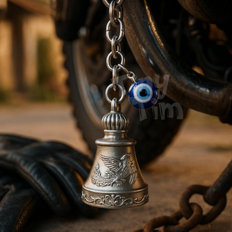 Tiny Tim Store Guardian Bell with Evil Eye Charm – Protective Motorcycle & Car Accessory – Tibetan-Inspired Design – Wards Off Negative Energy – Ideal Gift for Bikers & Travelers - Image 3