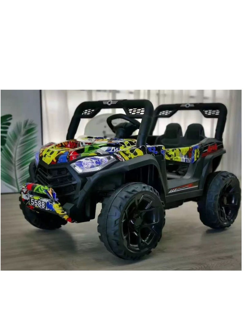 GOLD MANTIS - 12V Kids Electric Car with Dual Battery and Dual Motors - MP3, Education, LED, Remote Control, and Swing Function, Off-Road Kids Electric Car, Multi-Color Graffiti, Car, Ride on Car - Image 1