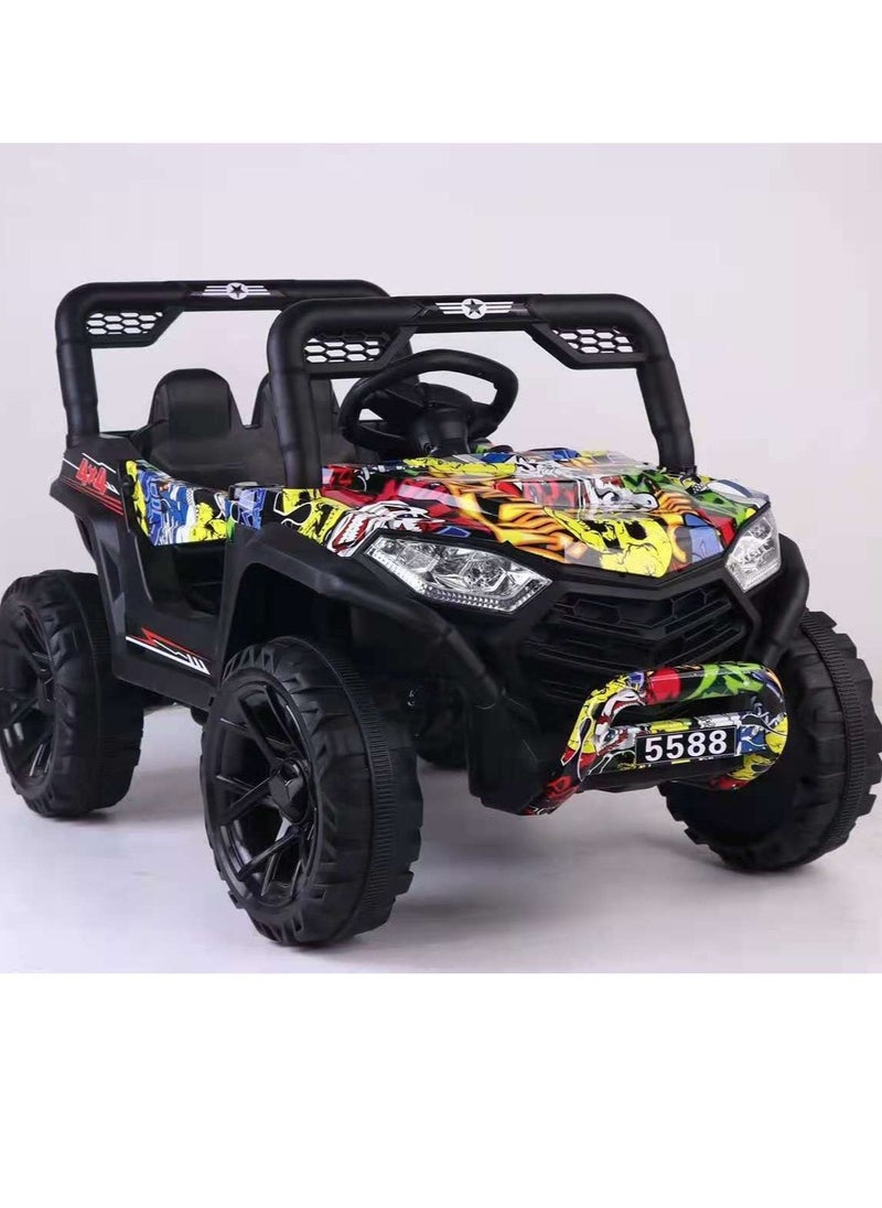 GOLD MANTIS - 12V Kids Electric Car with Dual Battery and Dual Motors - MP3, Education, LED, Remote Control, and Swing Function, Off-Road Kids Electric Car, Multi-Color Graffiti, Car, Ride on Car - Image 1