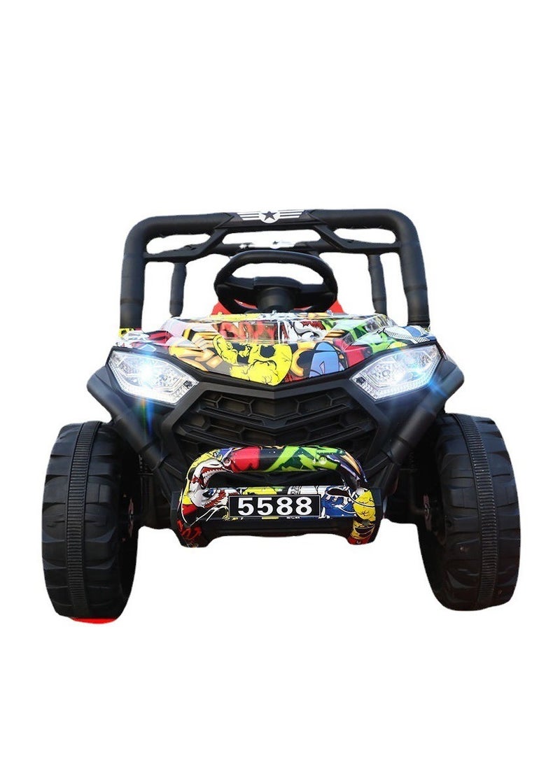 GOLD MANTIS - 12V Kids Electric Car with Dual Battery and Dual Motors - MP3, Education, LED, Remote Control, and Swing Function, Off-Road Kids Electric Car, Multi-Color Graffiti, Car, Ride on Car - Image 1