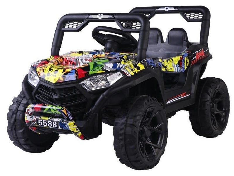 GOLD MANTIS 12V Kids Electric Car with Dual Battery and Dual Motors - MP3, Education, LED, Remote Control, and Swing Function, Off-Road Kids Electric Car, Multi-Color Graffiti, Car, Ride on Car - Image 1