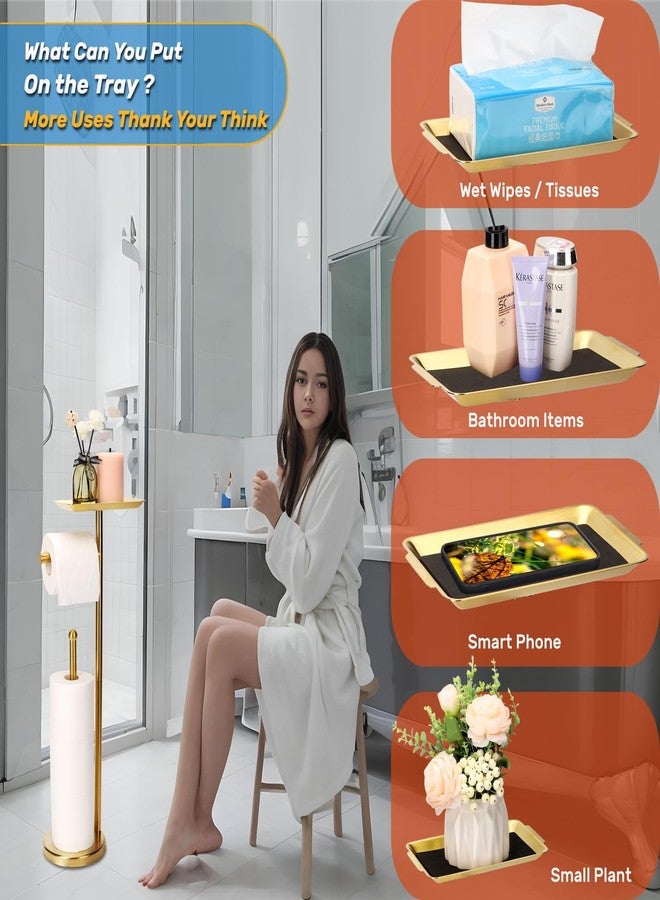 Exilon Toilet Paper Holder Stand for Bathroom Floor Freestanding Toilet Roll Dispenser Storages 4 Reserve Rolls, with Top Storage Shelf for Cell Phone (Brushed Gold) - Image 5