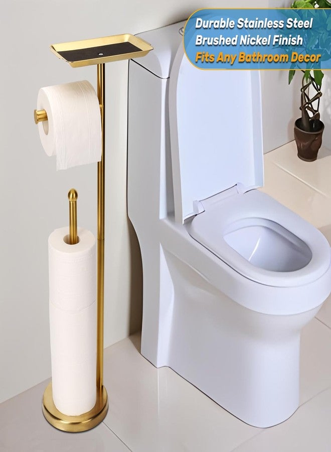 Exilon Toilet Paper Holder Stand for Bathroom Floor Freestanding Toilet Roll Dispenser Storages 4 Reserve Rolls, with Top Storage Shelf for Cell Phone (Brushed Gold) - Image 2