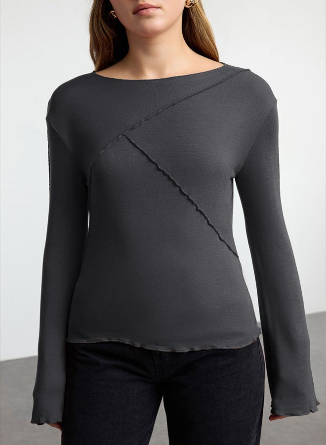 trendyol Anthracite Ribbed Detailed Fitted/Fits-Your-Body Spanish Sleeve Knitted Blouse TWOAW25BZ00244 - Image 2
