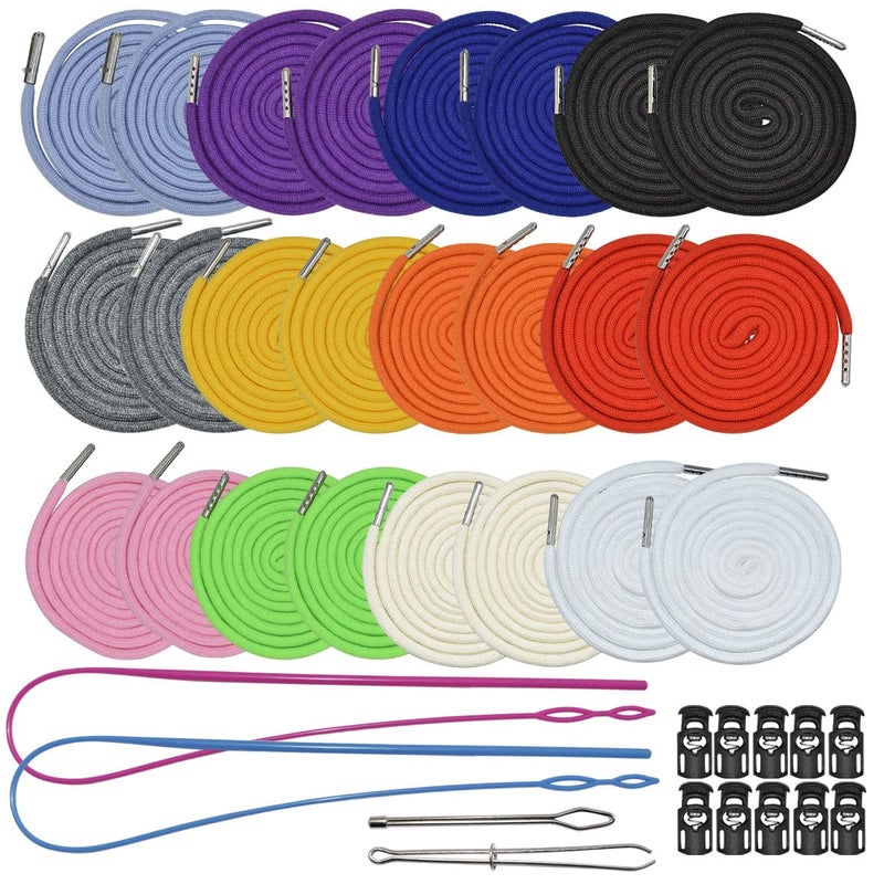 Renashed 24Pack Replacement Drawstrings Universal Drawstrings with 4pcs Drawstring Threaders 10pcs Cord Locks for Pants Sweatpants Hoodies Scrubs Jackets Shorts 51" Long 12 Colors - Image 1